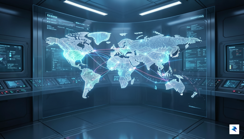 A wide-angle, cinematic shot of a bustling, glowing digital interface…