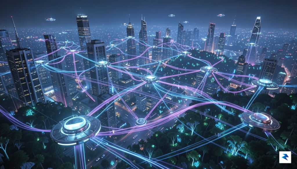 A conceptual digital illustration of a glowing, interconnected global network…