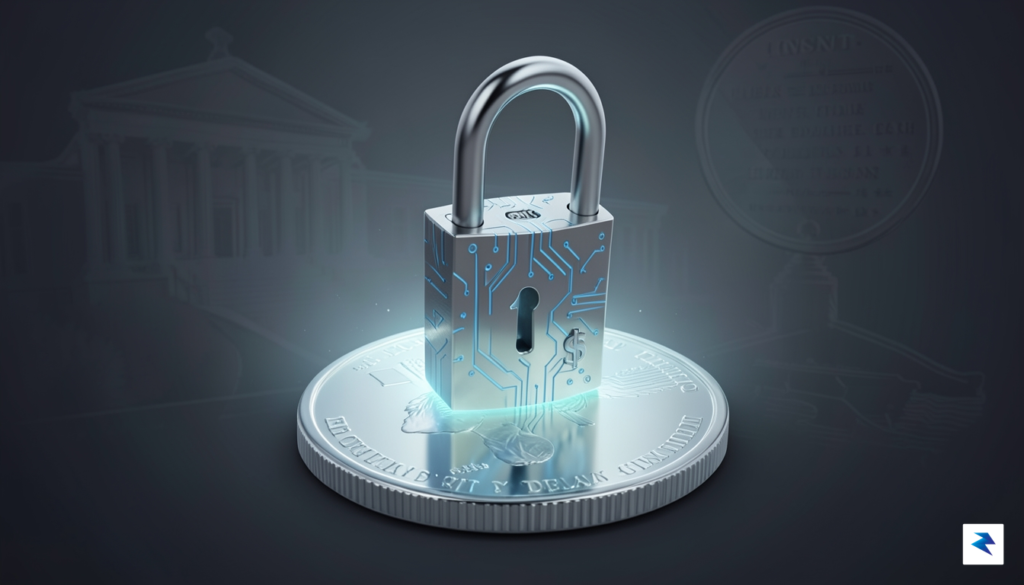 A conceptual illustration of a digital padlock sitting on top&hellip;