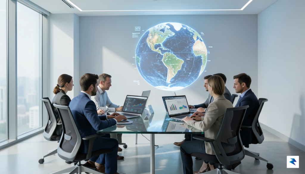 A sleek, modern office interior with a digital globe projection&hellip;