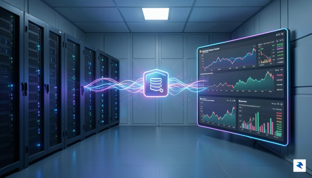 A digital visualization of a secure, government-grade server room transitioning…