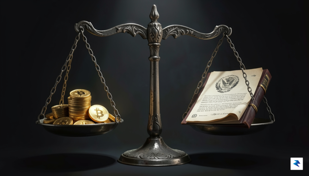A digital illustration showing a balance scale, with a stack…