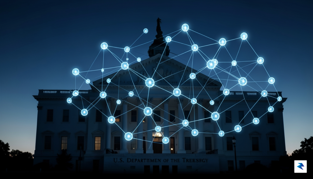 A digital visualization showing a glowing network of cryptocurrency nodes…