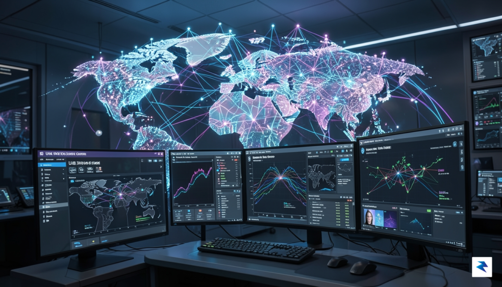 A conceptual digital visualization showing a glowing, interconnected global network&hellip;