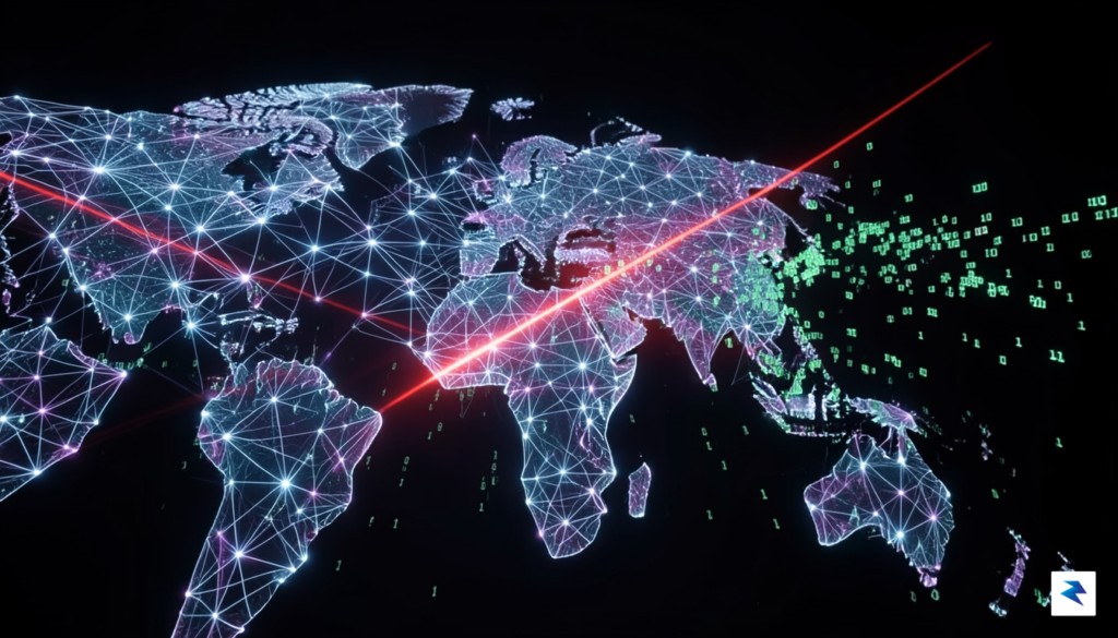 A digital visualization of a glowing global network being severed&hellip;