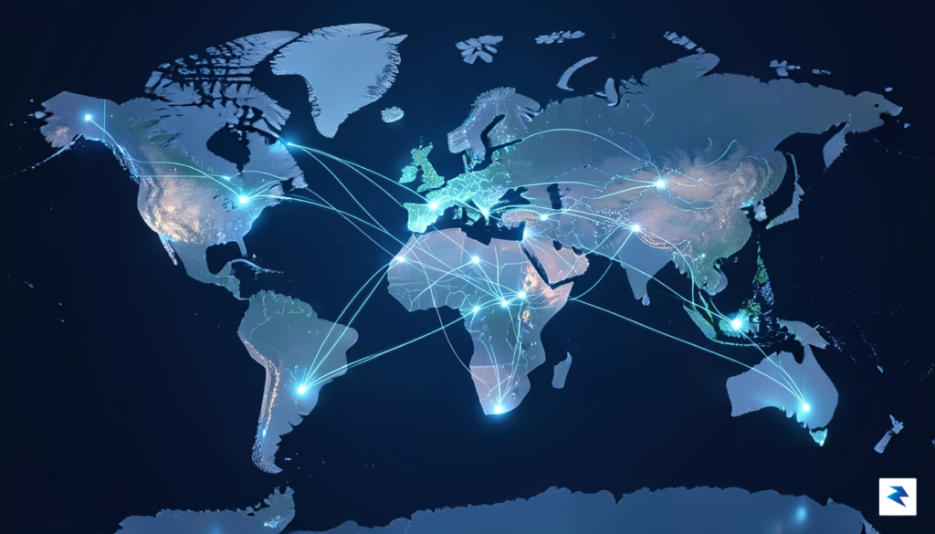 A digital visualization of a global map with interconnected glowing…