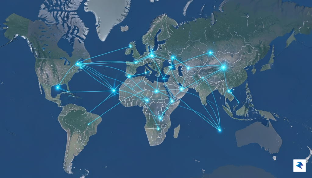 A digital map visualization showing glowing blue lines connecting major…