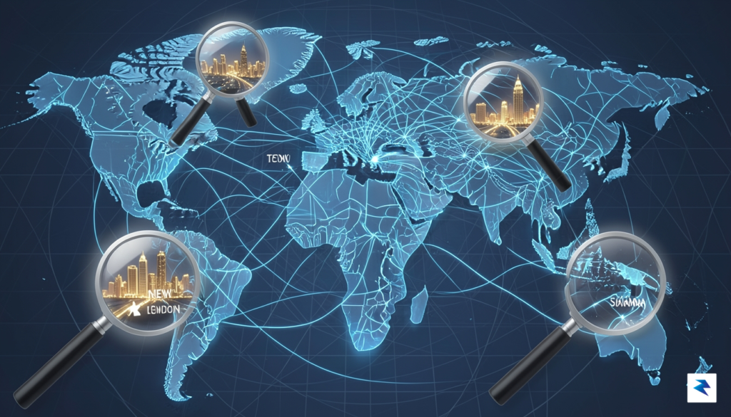 A digital illustration showing a complex maze of interconnected global…