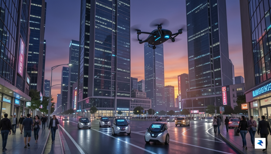 A futuristic cityscape at dusk showing a high-tech delivery drone&hellip;