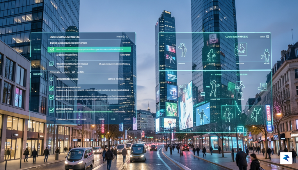 A modern, high-tech cityscape in Brussels featuring a stylized digital…