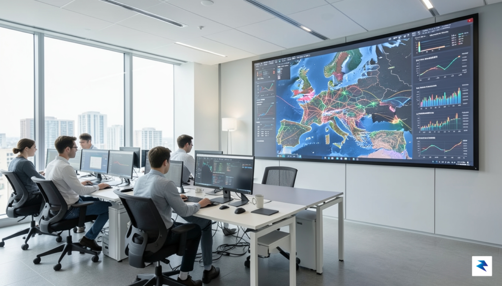A modern, sleek office interior with data analysts looking at…