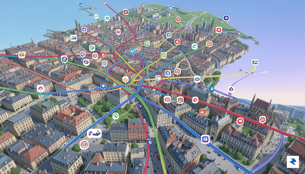 A conceptual digital illustration showing a complex map of European…