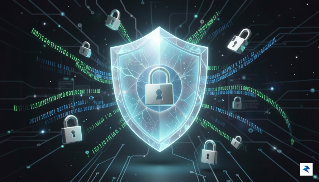 A conceptual digital illustration showing a glowing, transparent shield protecting…