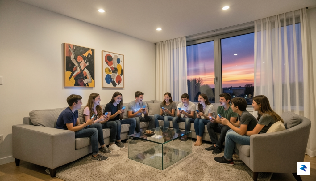A modern, diverse group of teenagers sitting in a brightly…