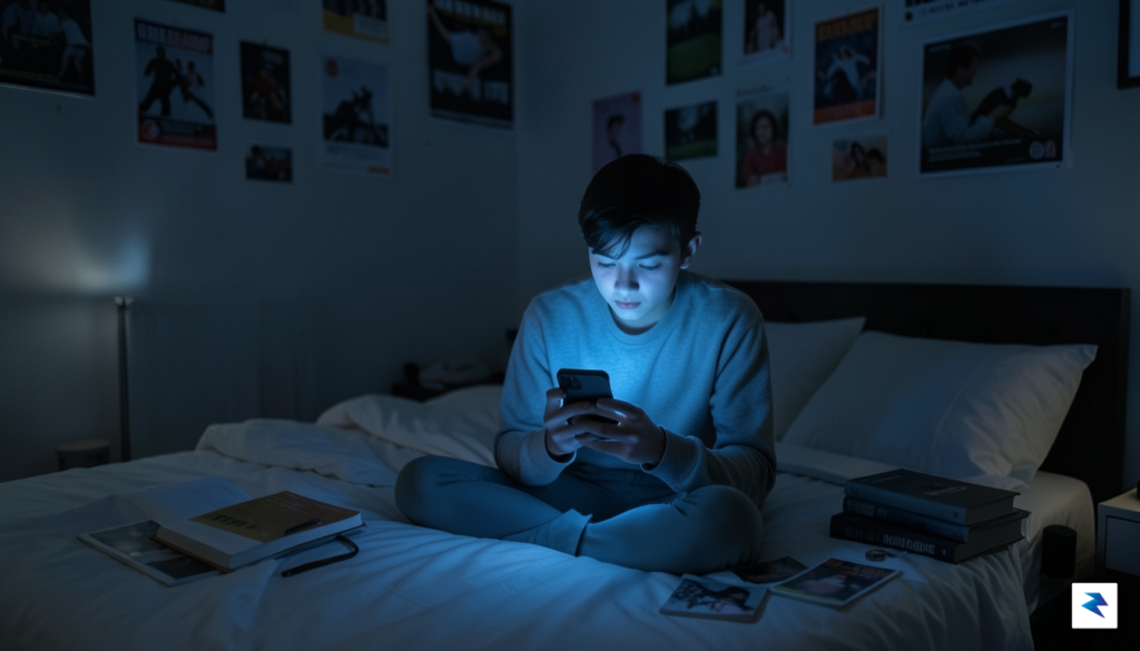 A modern, dimly lit bedroom interior showing a teenager looking…