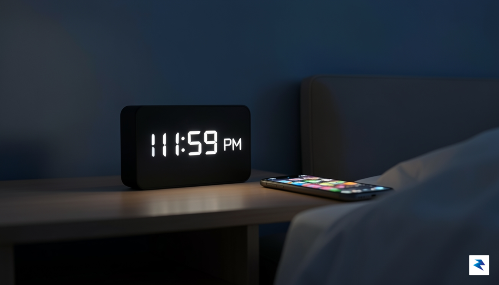 A modern, minimalist digital clock showing 11:59 PM glowing softly&hellip;