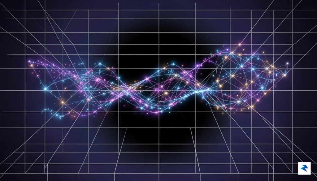 A conceptual digital illustration showing a static geometric grid transforming…