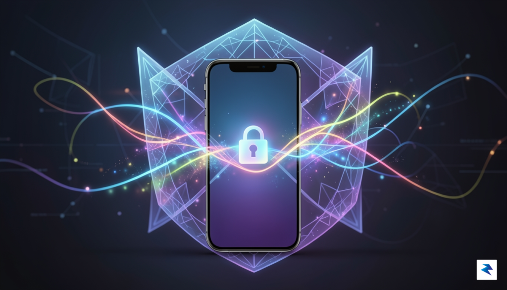 A conceptual illustration showing a digital shield protecting a smartphone,&hellip;
