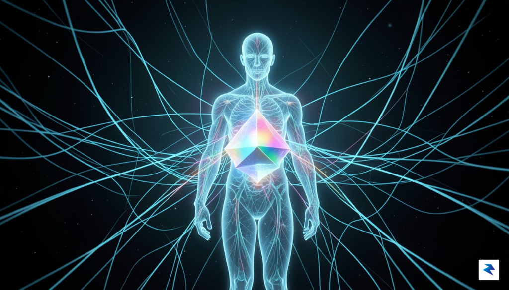 A conceptual digital art piece showing a transparent, glowing human&hellip;