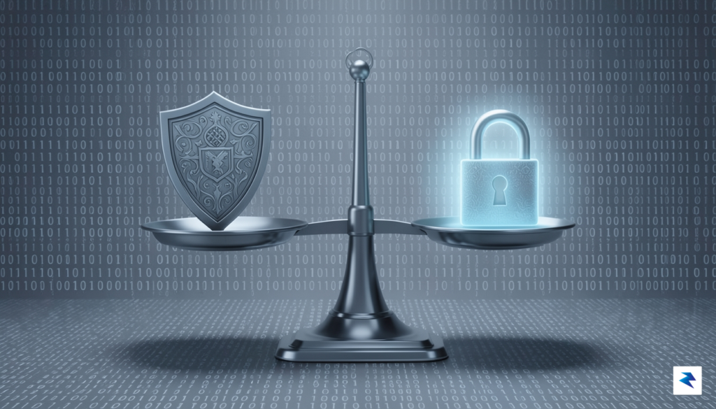 A conceptual illustration showing a digital scale balancing a shield&hellip;