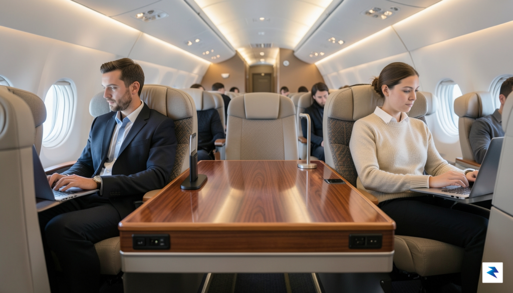 A sleek, modern airplane cabin interior showing a middle seat&hellip;