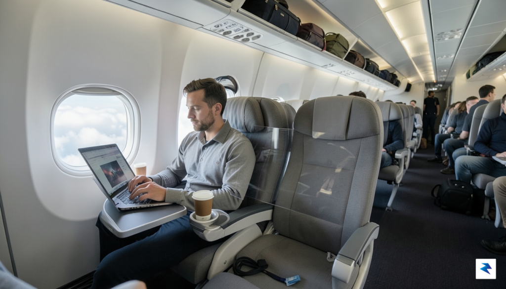 A wide-angle interior view of a commercial airplane cabin showing&hellip;