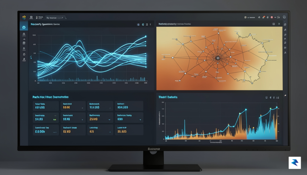 A digital security operations center dashboard showing real-time network traffic…