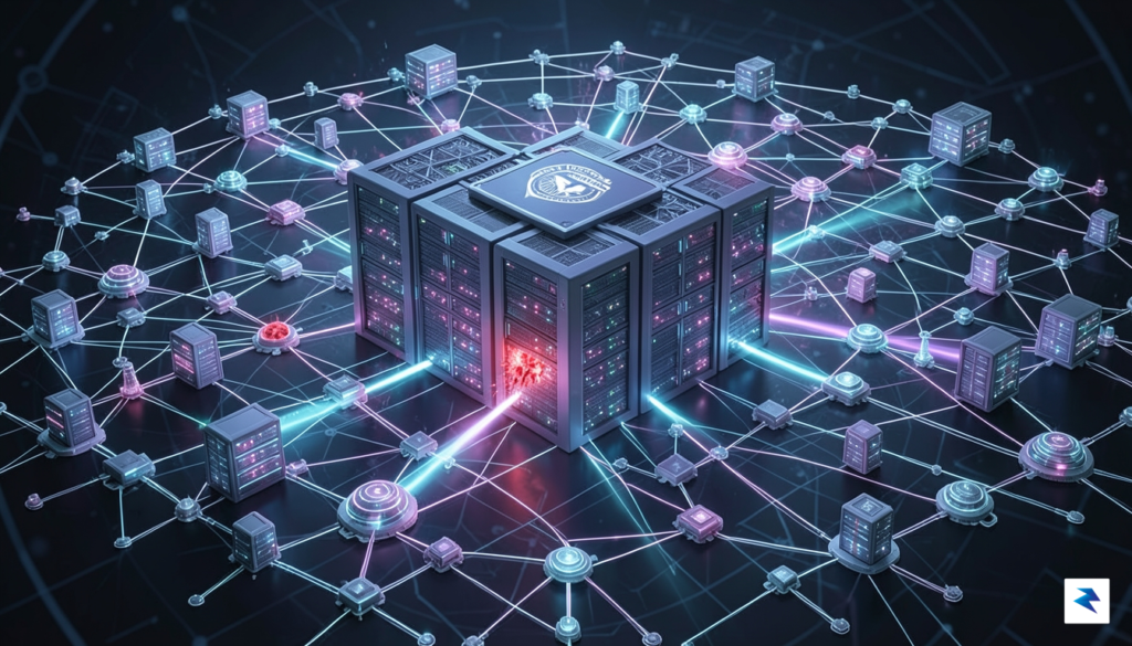 A digital representation of a glowing, complex network architecture with…