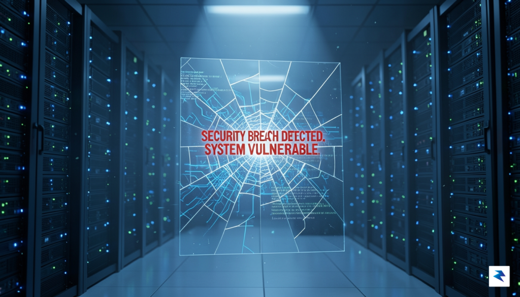 A conceptual digital art piece showing a high-tech server room…