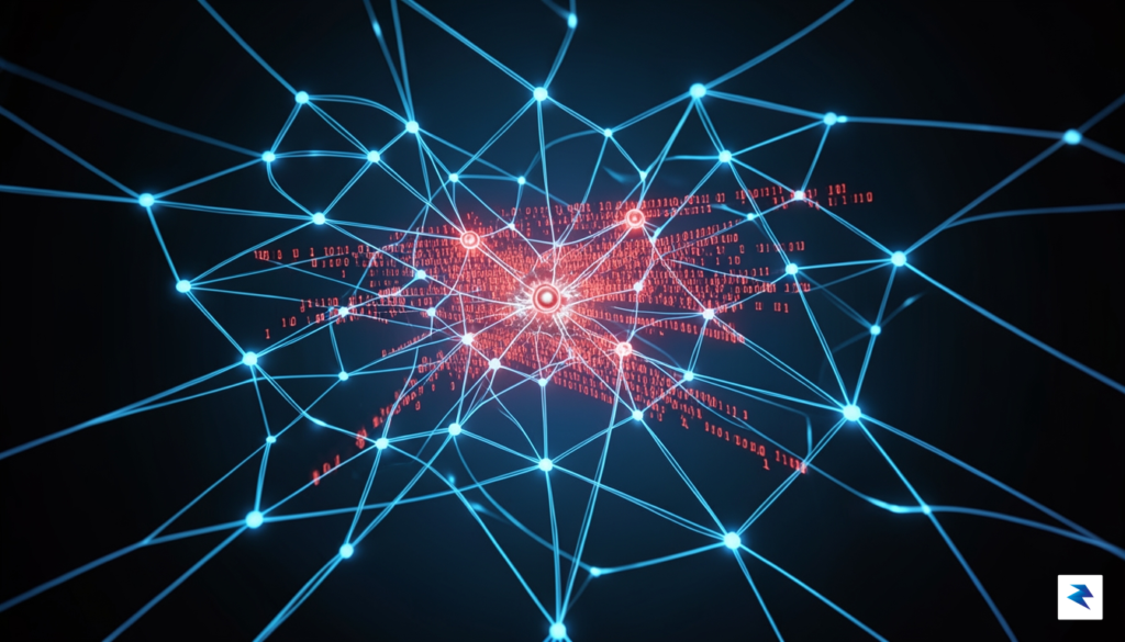 A digital conceptualization of a glowing, abstract network map showing…