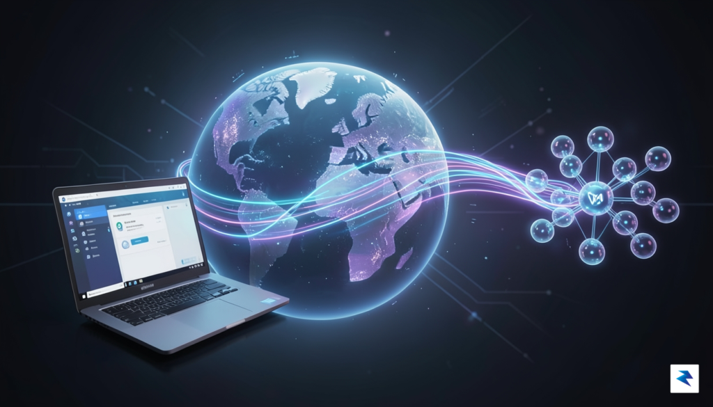 A digital concept illustration showing a glowing globe with a…