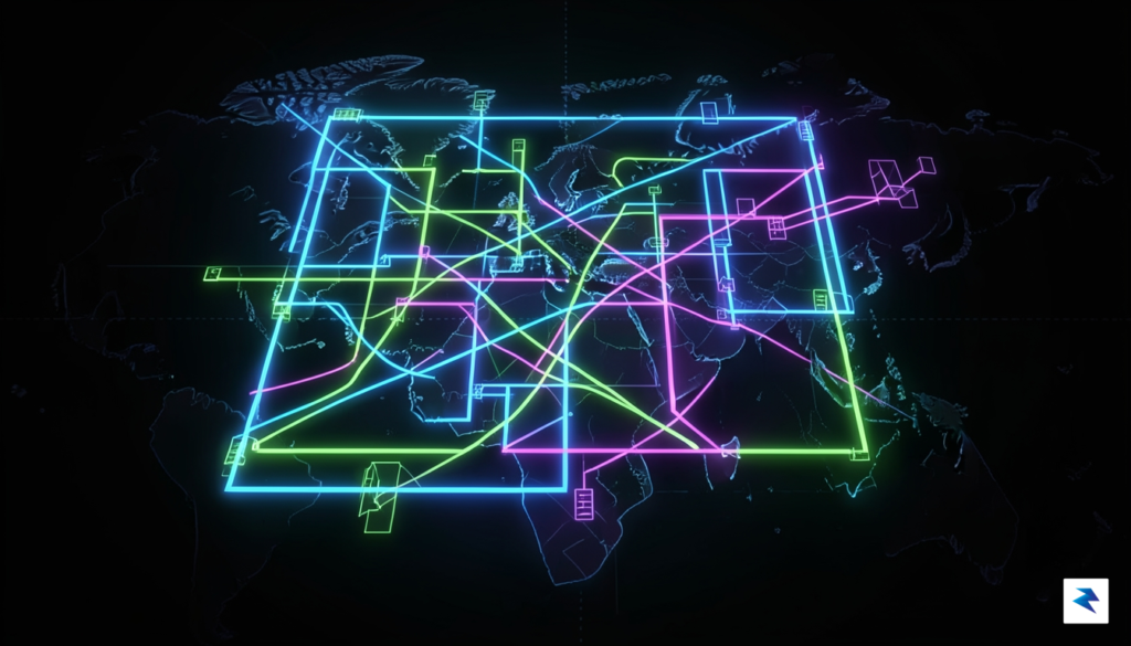 A digital illustration showing a complex maze of glowing financial…