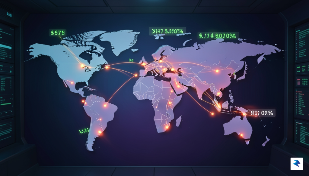 A conceptual illustration showing a digital map of the world…