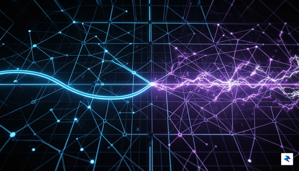 A sleek, high-contrast digital visualization showing two paths of light&hellip;