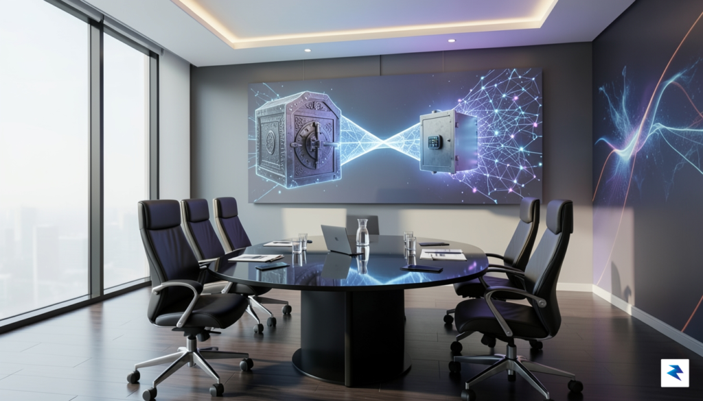 A modern, high-tech office meeting room featuring a digital holographic&hellip;