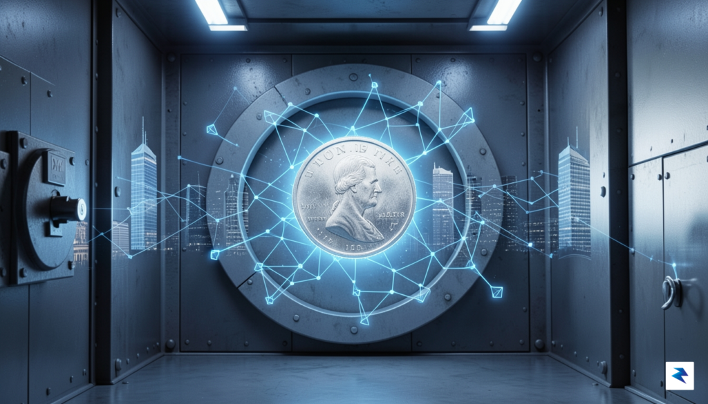 A high-tech digital visualization showing a glowing, transparent U.S. dollar&hellip;