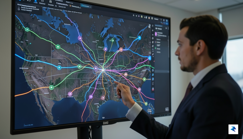 A professional supply chain manager looking at a digital map…