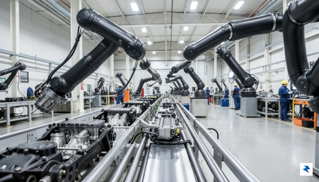 A close-up, high-resolution shot of a modern automotive assembly line…