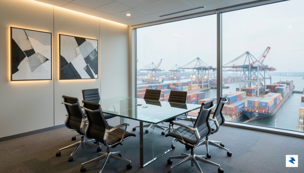 A modern, sleek office boardroom overlooking an industrial shipping port…