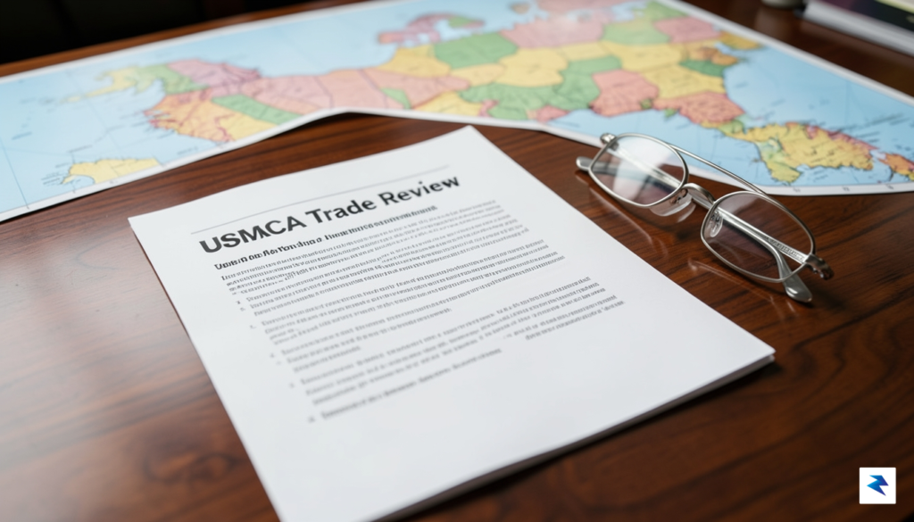 A professional, high-angle shot of a document titled 'USMCA Trade…