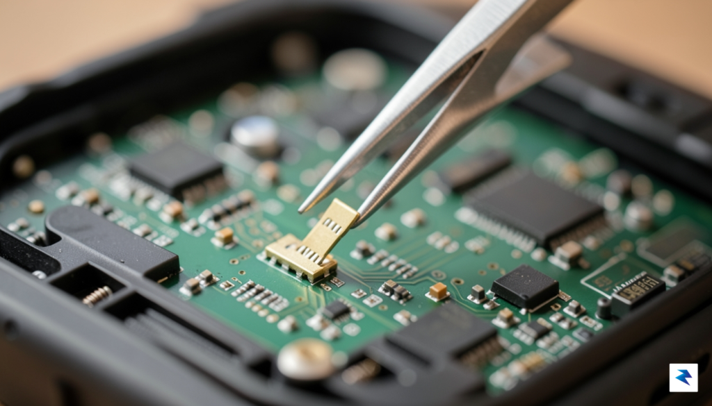 A close-up, high-resolution shot of a pair of precision tweezers…