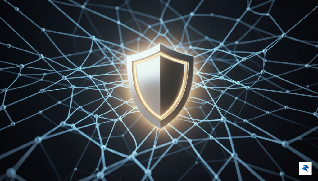 A conceptual digital illustration showing a glowing, shielded vault icon…