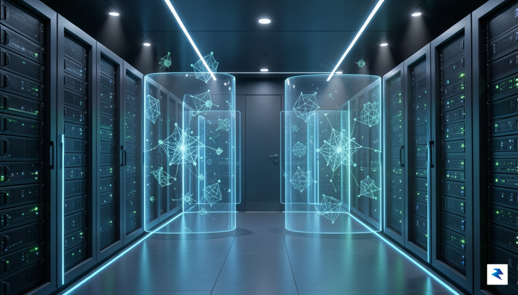 A modern, sleek server room architecture glowing with digital privacy…