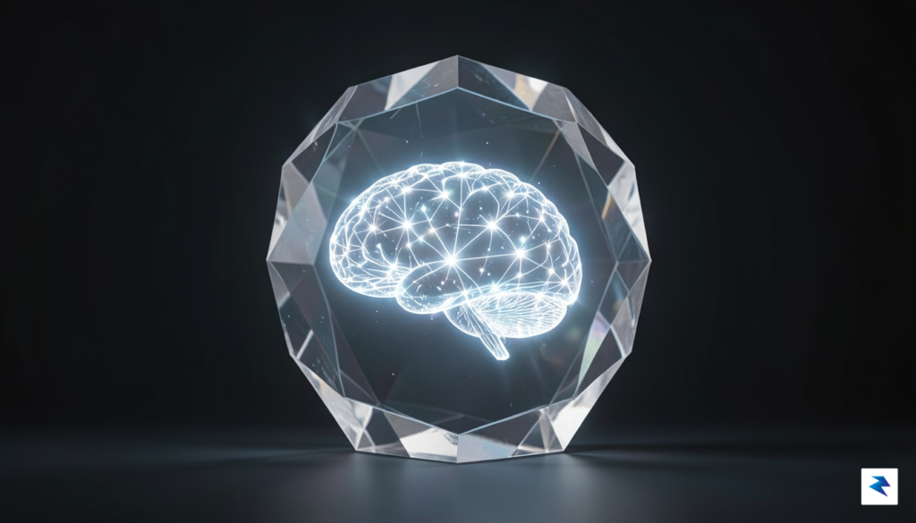 A conceptual digital illustration showing a glowing, neural-network-like brain structure…