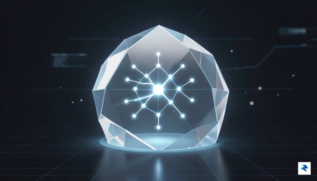 A sleek, minimalist digital workspace illustration featuring an abstract, glowing…