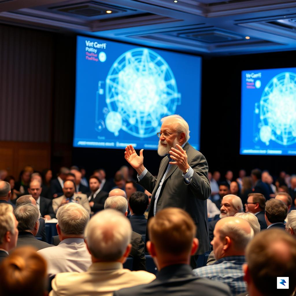 A candid photograph of Vint Cerf speaking at a global&hellip;