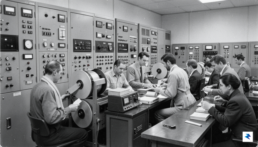 A vintage black-and-white photograph of early mainframe computers in an&hellip;