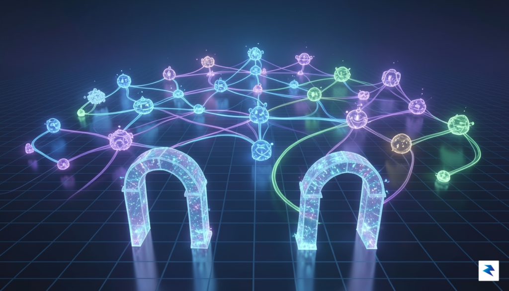 A conceptual illustration showing a diverse network of glowing interconnected…