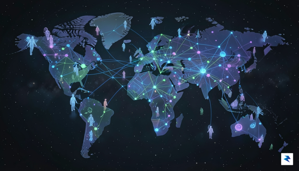 A conceptual illustration showing a digital map of the global…