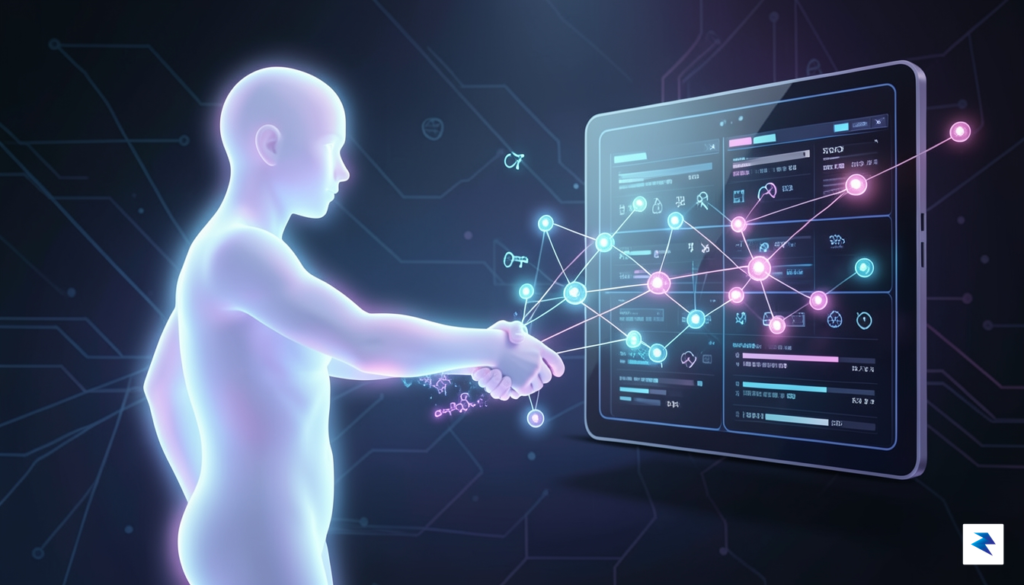 A conceptual illustration of a digital handshake between a human-like…